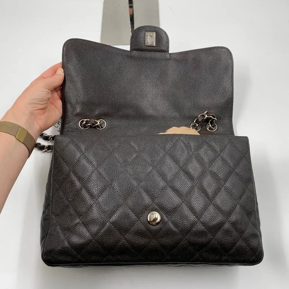 Chanel Jumbo Single Flap Caviar Bag Leather Brown Classic SHW Silver Hardware